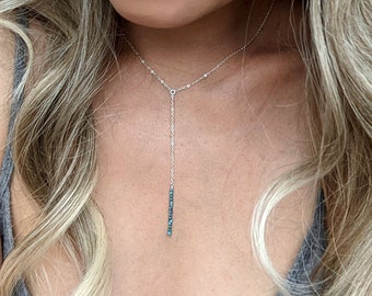 Genuine turquoise necklace Gemstone lariat bar necklace Y necklace Silver-Rose-gold Something blue for bride Dainty minimalist boho necklace