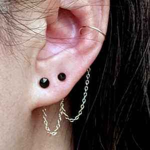 9-way connector chain ear jacket Tiny black stud earrings Silver/Gold Surgical steel cartilage earring accent Double front back earrings set