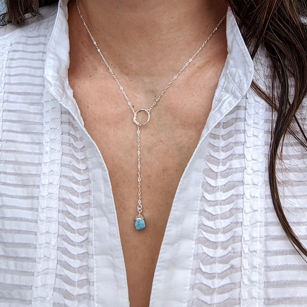 Dainty lariat necklace Sterling silver blue turquoise drop necklace Raw gemstone necklace Secret Santa gifts Women rose gold long Y necklace