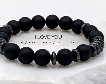 Bracelet code Morse pour homme, message caché personnalisé, bracelet en onyx noir pour homme, beau-père, cadeau fête des pères de la part de sa femme ou de son fils, beau-père