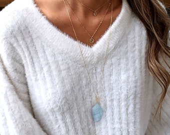 Raw aquamarine necklace Raw stone necklace March birthstone necklace Raw aquamarine pendant Long raw crystal necklace Throat chakra necklace