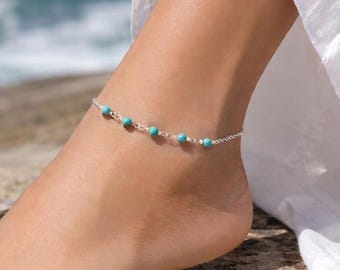 Turquoise anklet for women, Silver or Gold Ankle-Bracelet with Tiny Beaded-gemstones, Pearl, birthstones