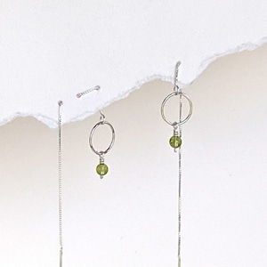 Genuine peridot earrings Sterling silver threader earrings Double piercing earrings with gemstone & drop ring Long pull through chain thread