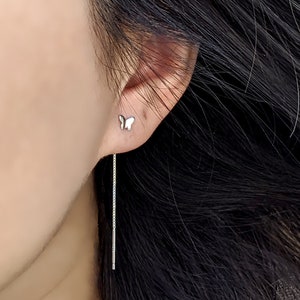 Tiny sterling silver butterfly earrings Gold ear jacket earrings Chain front back earrings Butterfly stud earring Cartilage earring piercing
