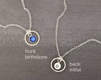 September birthstone necklace w initial Silver circle necklace Swarovski blue sapphire necklace Personalized 40th-60th birthday gifts women