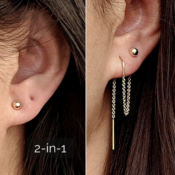 Einfädler Ohrstecker Gold Einfädler Ohrringe Sterling Silber punktierte Kugel-Post-Doppel-Piercing-Set Zwei Loch verbundene Kette Ohrfaden für Lobe