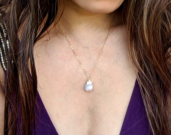 Raw rainbow moonstone necklace Raw gemstone necklace Raw crystal necklace June birthstone necklace 30th-60th birthday gifts Women pendant