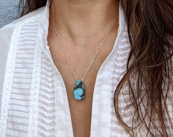 Raw Turquoise Pendant Necklace, Sterling Silver, December Birthstone