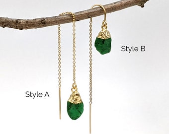 Raw emerald earrings May birthstone earrings Chain threader earrings Sterling Silver-Rose gold Raw crystal earrings Raw gemstone earrings
