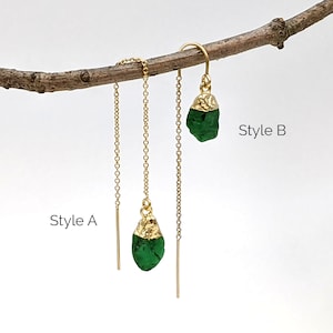 Raw Emerald Earrings, Silver or Gold Threader-Earrings, Birthstone-Earrings, Emerald-Drop-Earrings, Emerald-Dangle-Earrings