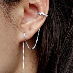 Pendientes de caracola Pendientes de rosca de plata esterlina y puños de oreja falsos con ondas de circonita cúbica Juego de pendientes de cadena de caracol conectados/roscados sin perforación
