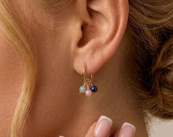 Birthstone huggie hoop earrings, Gold or silver multiple-birthstone earrings, Meaningful Mom birthday gift