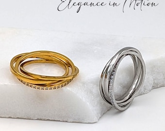 Interlocking Fidget Ring Set, Gold or Silver Stacking Spinner Ring, Triple-band Rolling Rings, Size 7-8