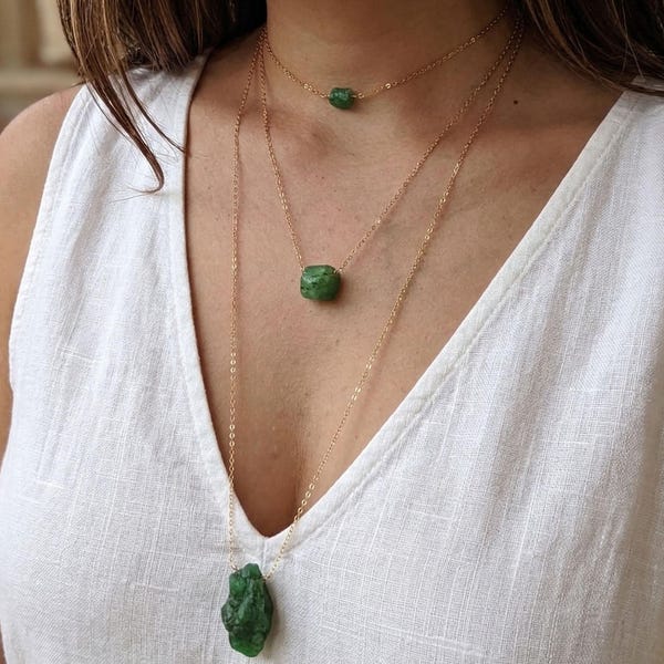 S-L Raw emerald necklace, Gold or Silver Genuine emerald-pendant for Creativity, Calming, Emotional-Balance, May-birthstone-necklace
