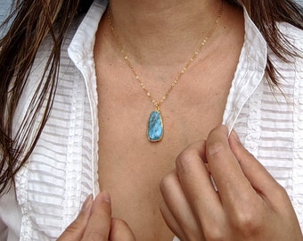 Electroformed Raw Turquoise Pendant Necklace, 14k Gold Filled Chain