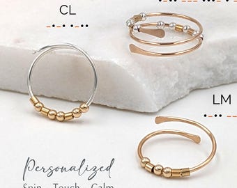 Morse Code Fidget Ring | Anxiety midi or thumb ring with spinning beads | Adjustable