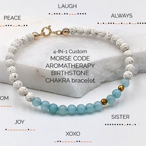 May include: A white and blue beaded bracelet with gold accents. The bracelet is made of lava rock beads and turquoise beads. The bracelet has the words "4-IN-1 Custom MORSE CODE AROMATHERAPY BIRTHSTONE CHAKRA bracelet" written on it.