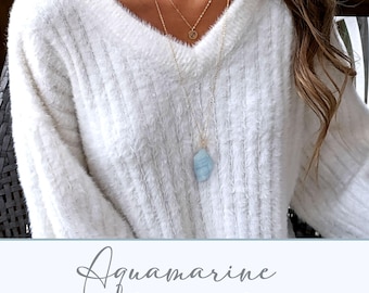 Large Raw Aquamarine Necklace, Gold/Silver Aquamarine Pendant, Gift for Communication, Prosperity, Protection, Calming