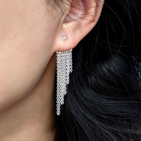 2-in-1 chain tassel earrings Sterling silver ear jacket earrings w/ tiny bar/ball studs earrings Metal fringe earrings Modern boho earrings