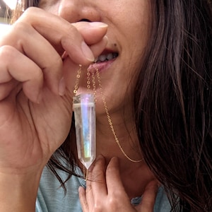 Angel aura quartz necklace X-large Aqua aura necklace Aura quartz pendant Raw crystal rainbow lemurian quartz points necklace Crown chakra