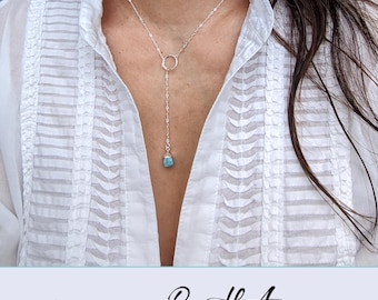 Turquoise lariat necklace: Silver, Rose, Gold | Dainty genuine raw Zodiac birthstone Y Drop Necklace