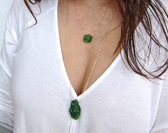 S-L Raw emerald necklace Raw stone necklace May birthstone necklace Emerald pendant/choker necklace Raw crystal necklace Short/long necklace