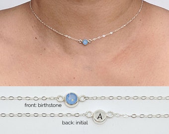 October birthstone necklace Initial necklace Silver choker necklace Blue/fire Swarovski dainty opal necklace 18th-40th birthday gifts women