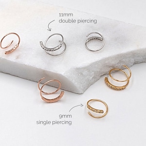 Boucles d'oreilles doubles spirales CZ pour piercing simple/double Petites créoles Boucles d'oreilles cartilage en argent sterling et or rose 9 mm 11 mm