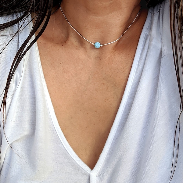 Genuine blue larimar necklace Sterling silver/Gold tiny gemstone choker Will you be my bridesmaid gift Mother of the groom gift from bride