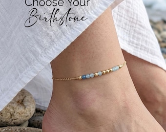 Sterling-Silver or Gold Anklet for Women, Ankle-Bracelet with Custom-Morse-code for Word, Name, Initials in-Genuine-Birthstones