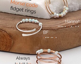 Fire Opal Ring, Gold or Silver Morse-code Fidget-Ring, Custom Name Ring, Initial-Ring | Adjustable