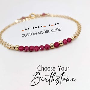 Custom Morse code bracelet, Gold or Silver Natural Ruby bracelet, Dainty Zodiac birthstone-bracelet