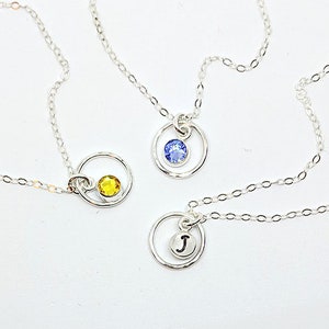 Memorial necklace w/ birthstone & initial Silver circle necklace Sympathy gift Loss of loved one Daughter in law gift Mom necklace Son Child