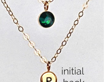Emerald necklace May birthstone necklace Dainty initial necklace Double sided pendant Sterling silver choker necklace Personalized gift wife