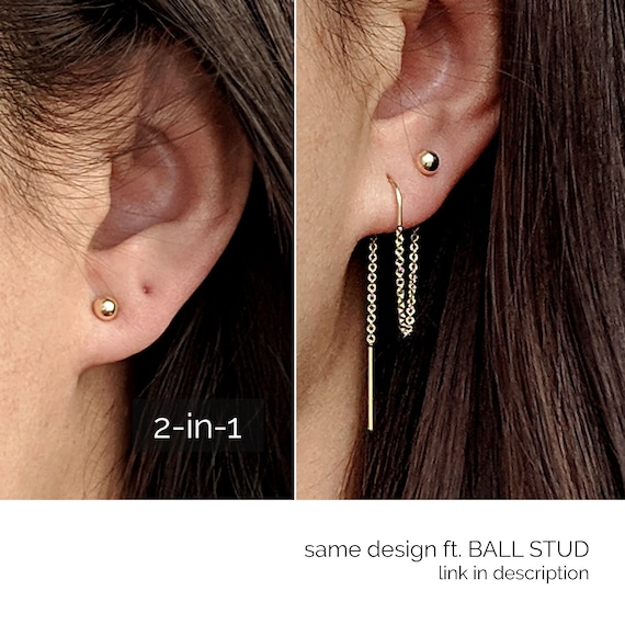925 Sterling Silver Double Lobe Ball with Chain Minimal Stud Earring- 1 Piece 925 Sterling Silver Double Lobe Ball with Chain Minimal Stud Earring- 1 Piece
