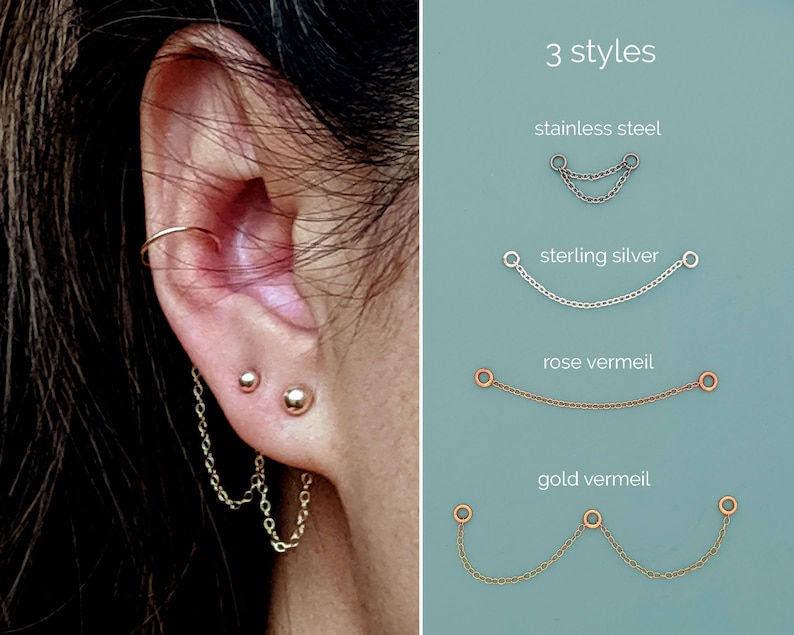 9-way Helix chain earrings Chain ear cuffs Chain cuff earrings Silver chain ear jackets Rose gold studs Surgical steel chain hoop earrings 