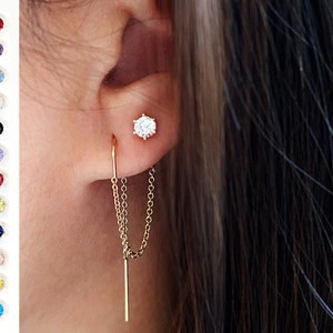 Orecchino doppio piercing Orecchini in argento/oro e orecchini a bottone con pietra portafortuna, zirconi cubici, catena filettata a 2 fori, regalo per il trentesimo compleanno lei