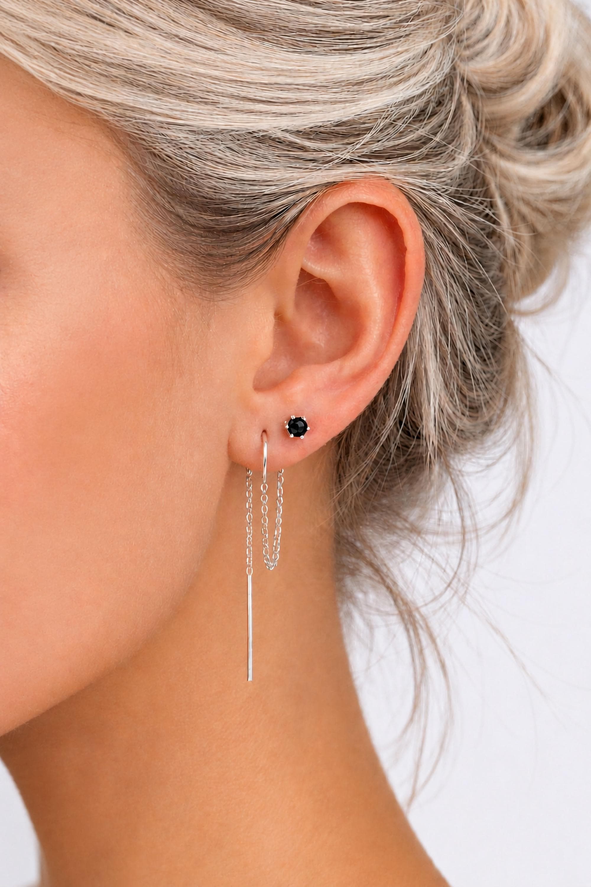 Birthstone Threader Earrings, Gold or Silver Double-piercing