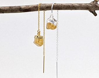 Raw Citrine Earrings, Silver or Gold Threader Earrings, Birthstone Earring, Citrine-Drop-Earrings, Citrine-Dangle-Earrings