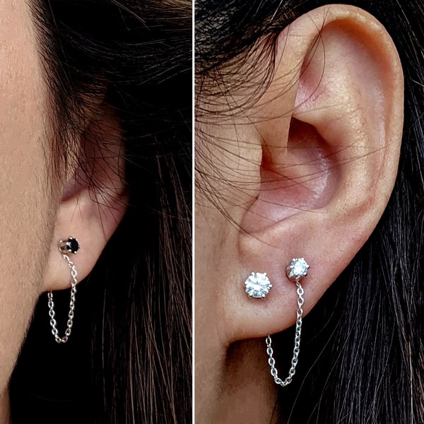 7-way Gold/Silver ear jacket Chain earring accent & Cubic zirconia black diamond stud earrings Front back earrings Double piercing earrings