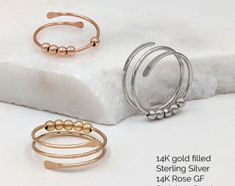 Anxiety Fidget ring: Women Spinner Ring, Spinning beads Spiral Rings, Gold or Silver, Adjustable