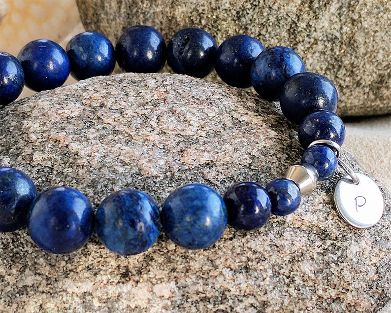 Lapis lazuli bracelet Men Engraved bracelet Blue gemstone beaded yoga Mala Husband Valentine gift Brother gift Boyfriend bracelet Uncle gift