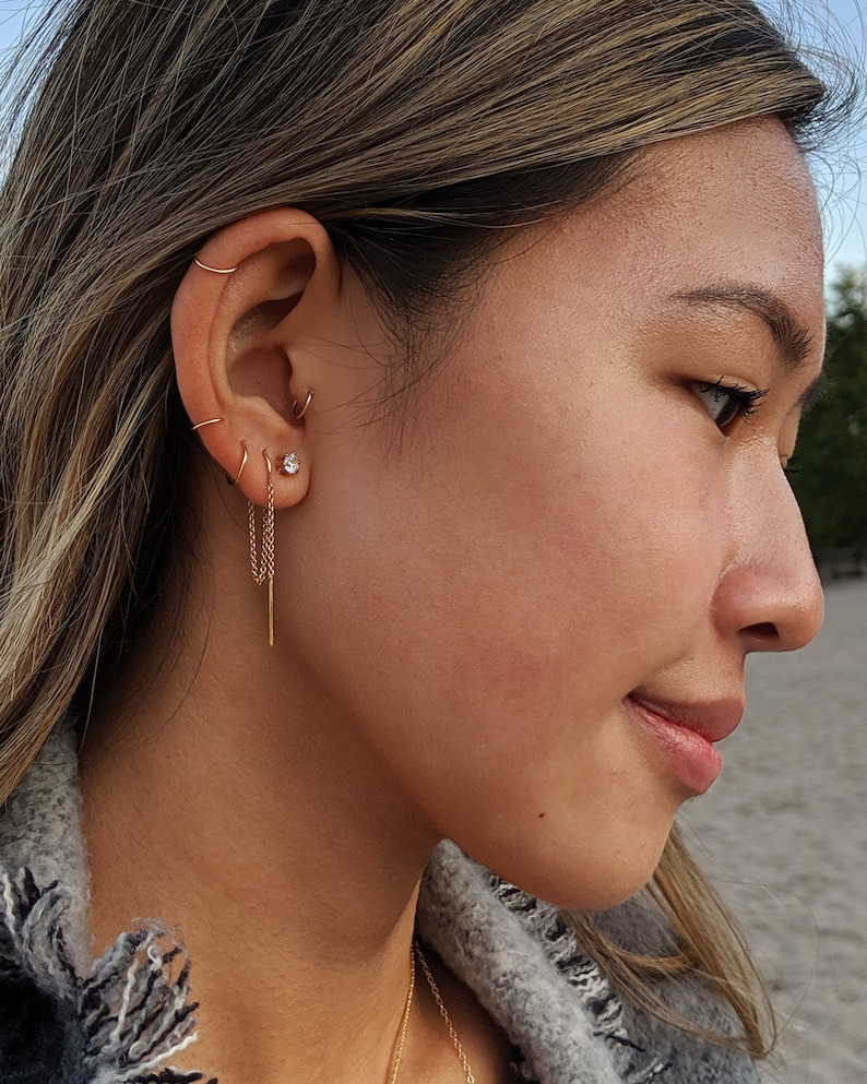 Double piercing earring Silver/Gold Threader earrings & Etsy