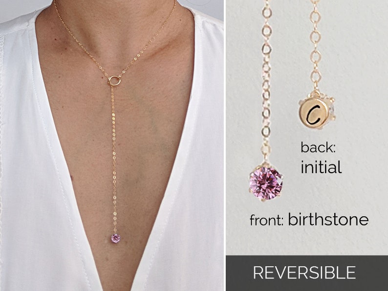 October birthstone necklace w initial Gold lariat necklace Dainty pink tourmaline necklace Silver Y necklace 8th5th anniversary gift women