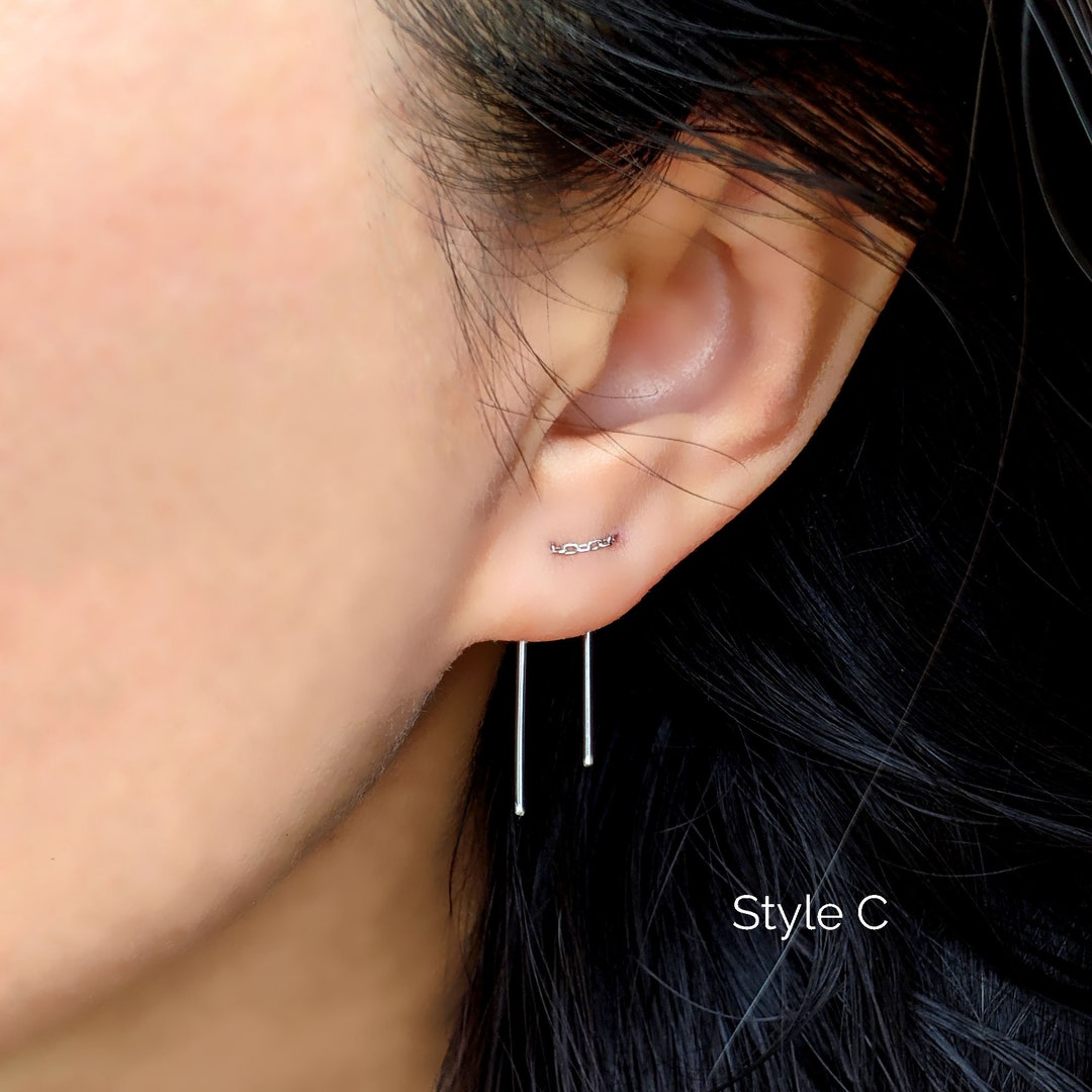Single or Double Piercing Earrings Set Bar Chain Threader