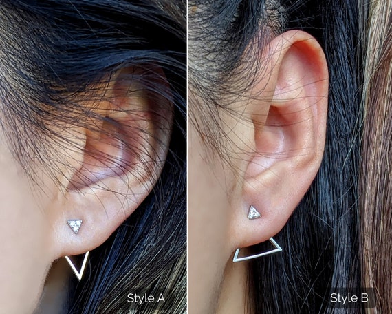 Silver Ear Jacket Earrings CZ Studs/tiny Triangle Earrings Front
