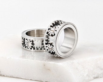 Spinner Ring, Women or Mens Fidget Ring, Rotating Anxiety-Ring, Gear spinning-ring | Fidget-Necklace Option