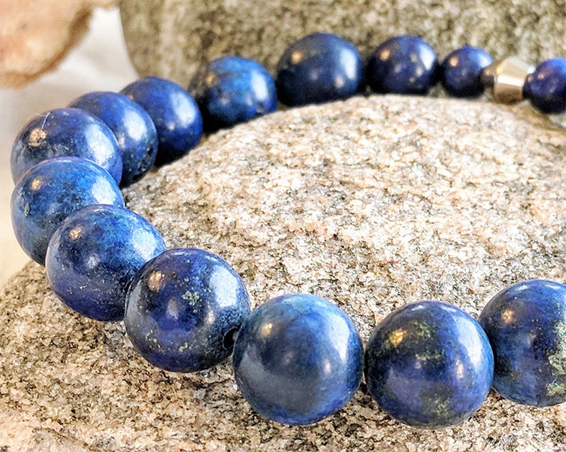 Lapis lazuli bracelet Men Engraved bracelet Blue gemstone beaded yoga Mala Husband Valentine gift Brother gift Boyfriend bracelet Uncle gift
