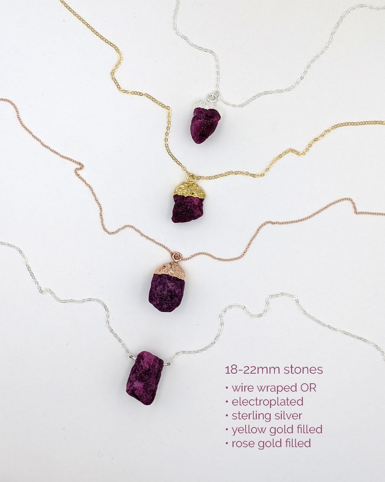 May include: Four necklaces with purple velvet stones, each with a different metal finish: silver, rose gold, yellow gold, and gold. The stones are 18-22mm and the necklaces are made with wire wrapped OR electroplated sterling silver, yellow gold filled, and rose gold filled.