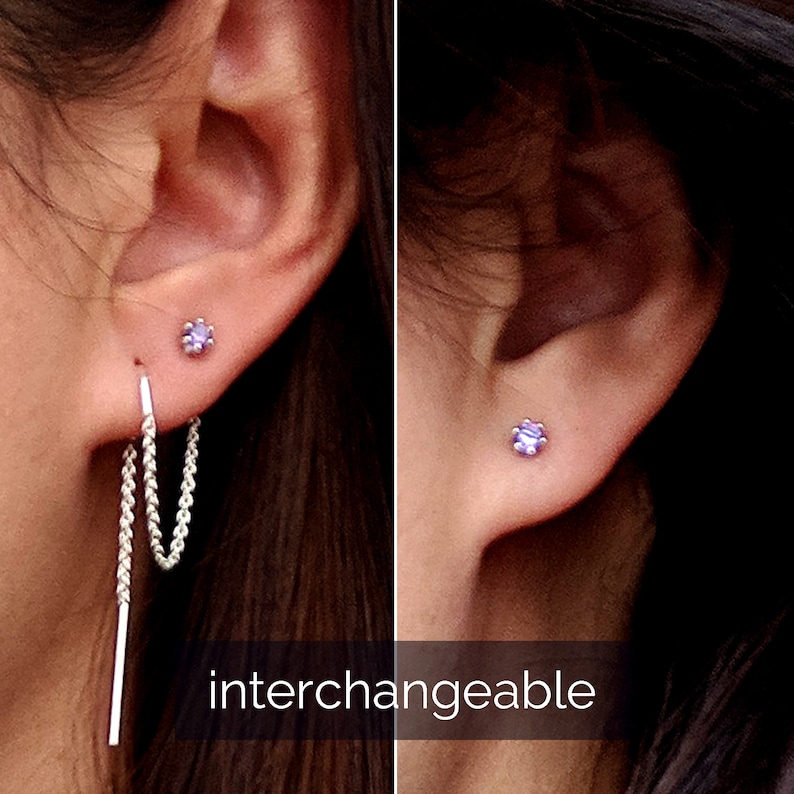 Double piercing earring Silver/Gold Threader earrings & Etsy